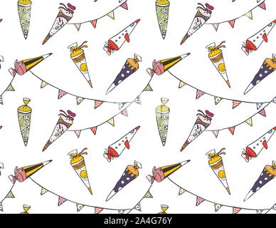 Enrollment - First Day of school - Seamless pattern with colourful school cones and pennant for wrapping paper- hand-drawn cartoon Stock Vector