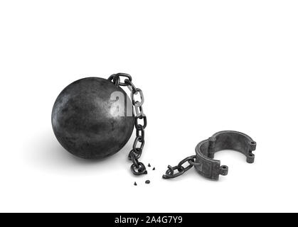 3d rendering of an isolated ball and chain lying broken near a leg shackle. Business boundaries. Freedom and rights. Legal help. Stock Photo
