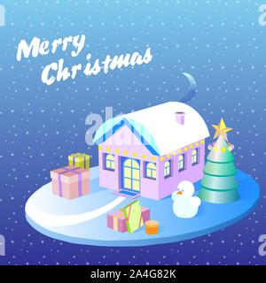 Isometric Christmas Decorated Houses with Tree and Snowman. 3d flat illustration Stock Vector