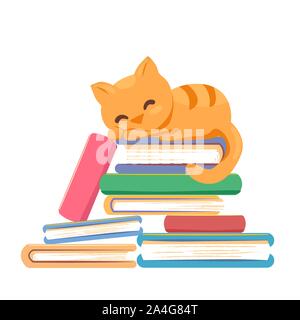 Red cat sleeping stack books on white background. Book library, education literature, knowledge concept. Reading relax banner template. Cute tired kitten card design. Flat vector isolated illustration Stock Vector