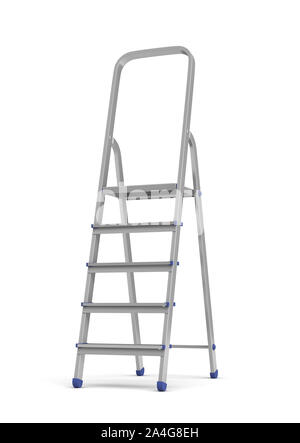 3d rendering of a single metal builder's step ladder with blue fittings isolated on white background. Working on height. Building and construction. Ma Stock Photo