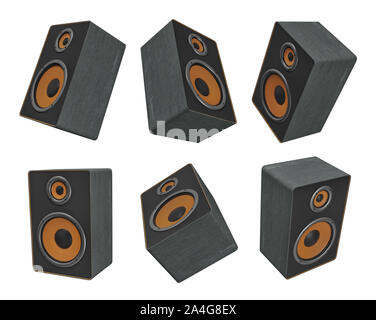 3d rendering of six big black and orange music speakers hanging in different views on a white background. Music and sound. Entertainment. Dance party Stock Photo