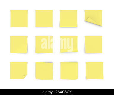Yellow office stickers isolated on a white background. Office stuff. Memory reminders. Organizer. Office and clerical work. Education and study. Stock Photo