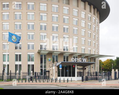 The Hague, Netherlands - September 27, 2019: The headquarter building of the Organisation for the Prohibition of Chemical Weapons with flag, The Hague Stock Photo