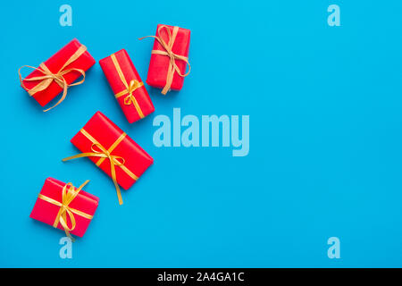Christmas Gift Boxes Placed On Blue Background Stock Photo