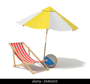 3d rendering of a white and yellow beach umbrella and wooden deck chair. Vacation for two. Catching rays. Rest at seaside. Stock Photo