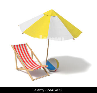 3d rendering of a white and yellow beach umbrella and wooden deck chair. Vacation for two. Catching rays. Rest at seaside. Stock Photo