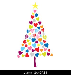 New Year tree made with hearts. Vector card with christmas tree made from hearts and dots. Abstract cute decorative illustration for invitation. Stock Vector