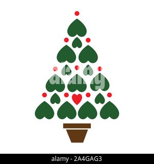 New Year tree made with hearts. Vector card with christmas tree made from hearts and dots. Abstract cute decorative illustration for invitation. Stock Vector