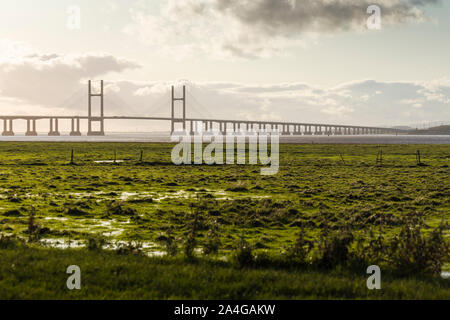 The Second Severn Crossing / Prince of Wales Bridge, carrying the M4 between England and Wales, viewed from Pilning Wetlands nature reserve. Stock Photo