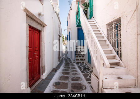 Narrow street in town centre of Mykonos, Greece. Stock Photo
