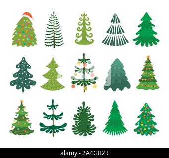 Christmas tree set. Decorated xmas trees. Winter holidays party green fir with garland decoration. Isolated vector illustration. Stock Vector