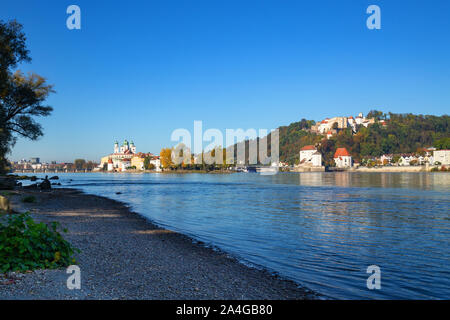 Panorama of Passau at the confluence of Ilz, Inn and Danube with view towards Oberhaus castle Stock Photo