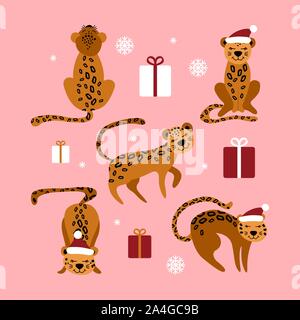 Christmas set of cute cartoon leopards. Funny african animals with presents and snowflakes on pink background. Flat vector illustartion. Stock Vector