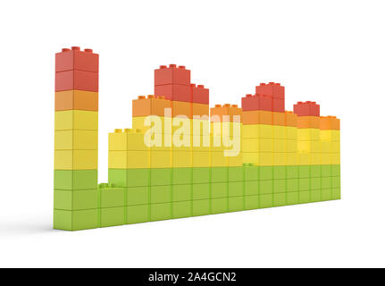 3d rendering of multi-colored toy bricks making up high uneven towers or graphs on white background. Stock Photo