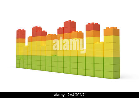 3d rendering of multi-colored toy bricks making up high uneven towers or graphs on white background. Stock Photo