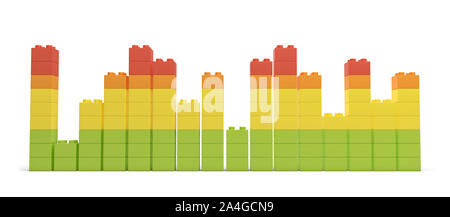 3d rendering of multi-colored toy bricks making up high uneven towers or graphs on white background. Stock Photo