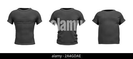 3d rendering of a black T-shirt in realistic slim, muscular and fat shape in front view on white background. Stock Photo