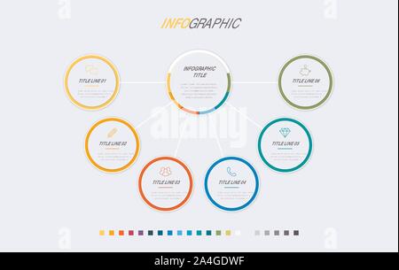 Timeline infographic design vector. 6 options, circle workflow layout. Vector infographic timeline template. Stock Vector