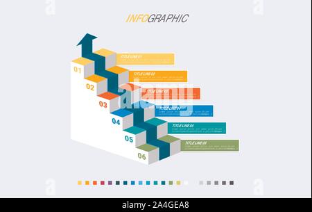 Infographic template. 6 colorful options. Stairs infographic. Design with beautiful colors. Vector timeline elements for presentations. Stock Vector