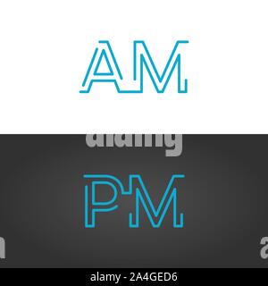 Linear geometric outline am and pm text , 24 hours service, anytime concept, clock or alarm typography letters, day and night. Editable stroke. Stock Stock Vector
