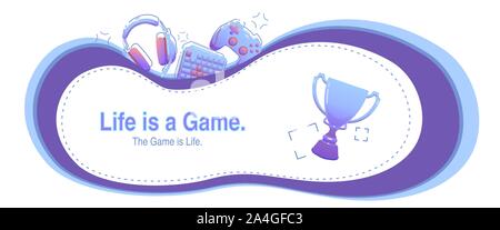 Life is a Game - wavy blue modern template with flat Gaming gadgets on white background, esports elements, on isolated background for web, market and cards. Gamepad, headphones, keyboard, cup elements. Stock Vector