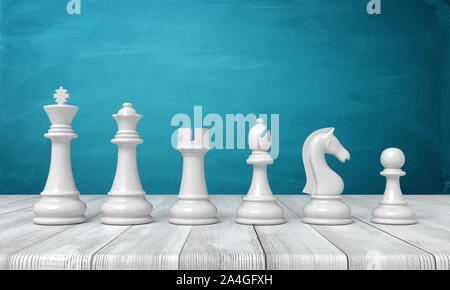 3d rendering of a full set of white chess figurines from the kind to the pawn standing in line on a wooden table. Stock Photo