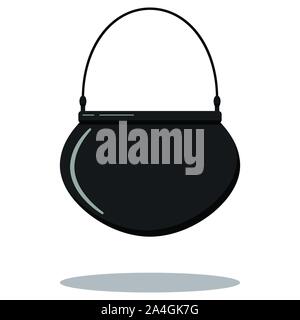 Flat designcartoon style illustration vector set black cast-iron empty cooking pot, camping boiler, iron witches cauldron with handle isolated on whit Stock Vector