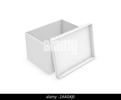 3d rendering of a white rectangle box with a lid leaning on its side on white background. Stock Photo