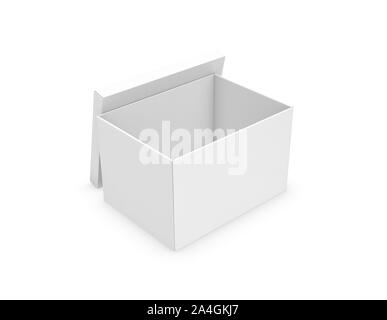 3d rendering of a white rectangle box with a lid leaning on its side on white background. Stock Photo