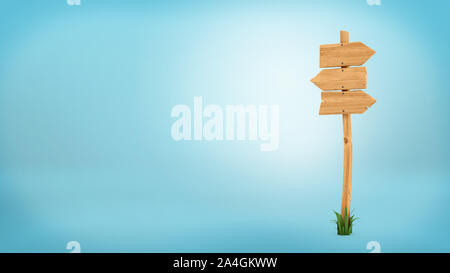 3d rendering of a wooden pole with some grass on it's base and three blank arrows on the top.