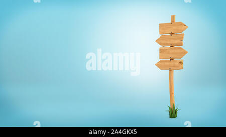 3d rendering of a wooden pole with some grass on it's base and four blank arrows on the top.