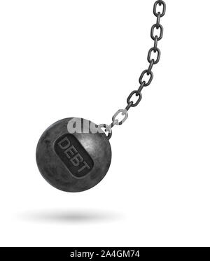 3d rendering of a large wrecking ball with a lettering DEBT swinging on a chain on white background. Stock Photo