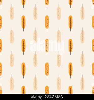 Seamless vector background stylized autumn nature illustration. Orange yellow abstract fall tree pattern leaves flat cartoon style. Retro Scandinavian Stock Vector