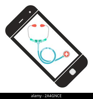 Doctor Online. Smartphone with Stethoscope. Web Medical Help Concept Icon. Color Vector Illustration Stock Vector