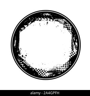 Black circle frame with grunge elements and tire tracks isolated on white background Stock Vector