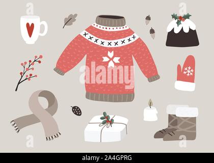 Cute Christmas greeting card, invitation with winter essential food, fashion and lifestyle icons. Knitted sweater, glove, boots, coffee, gift box and Stock Vector