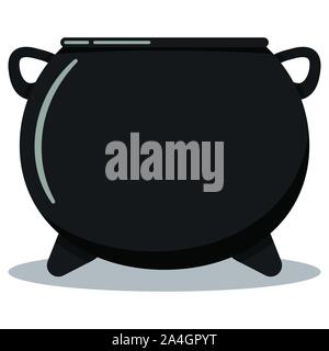 Flat design cartoon style vector black cast-iron empty cooking pot, camping boiler, iron witches cauldron halloween icon with leg boiler isolated on w Stock Vector