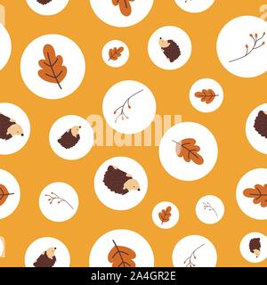 Autumn polka dot pattern with fall elements. Woodland Scandinavian design with hedgehog, plant, mushroom, leaf. Yellow red brown orange warm fall Stock Vector