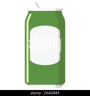 Metal aluminum green can isolated on white background. Flat design beverage can for beer, lager, alcohol, soft drinks, soda, fizzy pop, lemonade, cola Stock Vector