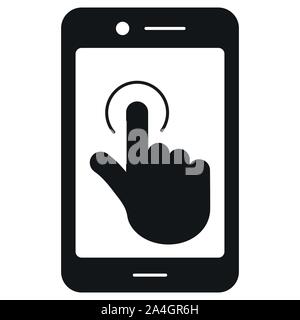 Vector flat design black color touch screen smartphone sign icon isolated on white background. Simple hand pointer symbol illustration. Phone screen w Stock Vector