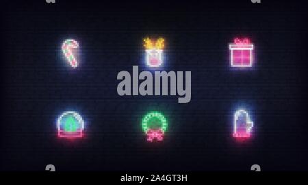 Christmas neon icons. Vector glowing neon colorful symbols for Xmas and New Year Stock Vector