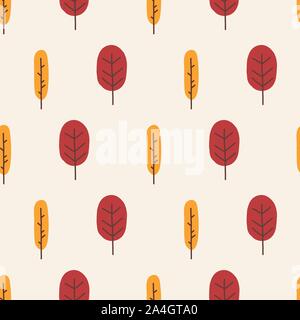 Abstract autumn seamless vector background stylized nature illustration. Red orange yellow abstract fall tree pattern flat cartoon style. Retro Stock Vector