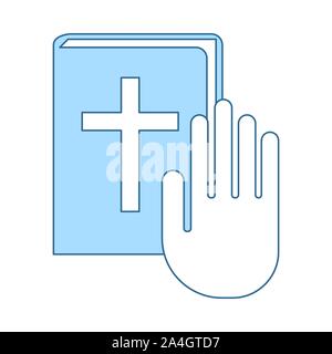 Hand On Bible Icon. Thin Line With Blue Fill Design. Vector Illustration. Stock Vector