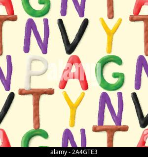 Seamless pattern with alphabet. Handmade modeling clay letters. Realistic 3d vector background. Stock Vector