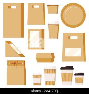 Fast food package set empty kraft brown blank cardboard rectangle triangle take away boxes with plastic window, plate packaging for food and cups for Stock Vector