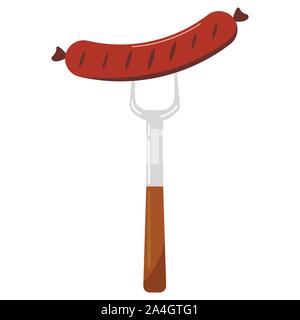 Vector illustration of food flat design hot sausage on a fork icon isolated on white background. Grilled sausage template for web, party invitation. Stock Vector