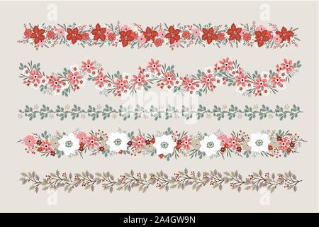 Set of Christmas floral borders, strings, garlands or brushes. Party decoration with fir, oak and eucalyptus tree branches, poinsettia, roses Stock Vector