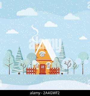 Snowy winter landscape scene with country house with chimney smoke, winter trees, spruces, clouds, snow in cartoon flat style. Christmas vector backgr Stock Vector