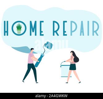 Vector illustration with people holding tools for painting works, home repair inscription. Painting, repair of premises. Building, construction, home Stock Vector